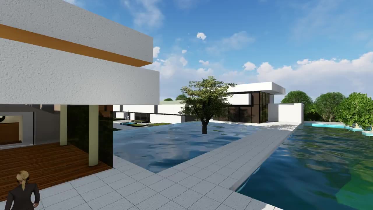 Original Afarinesh 3D design showing a path between water and a pavilion