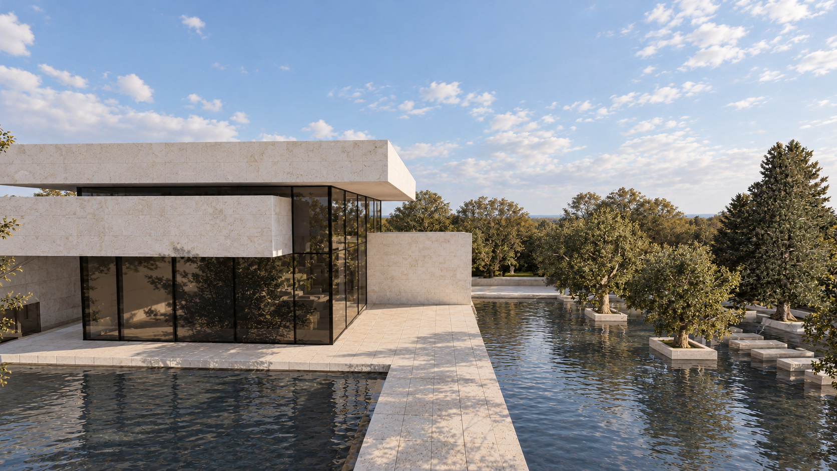 Photoreal reconstruction beside the pavilion and reflecting water