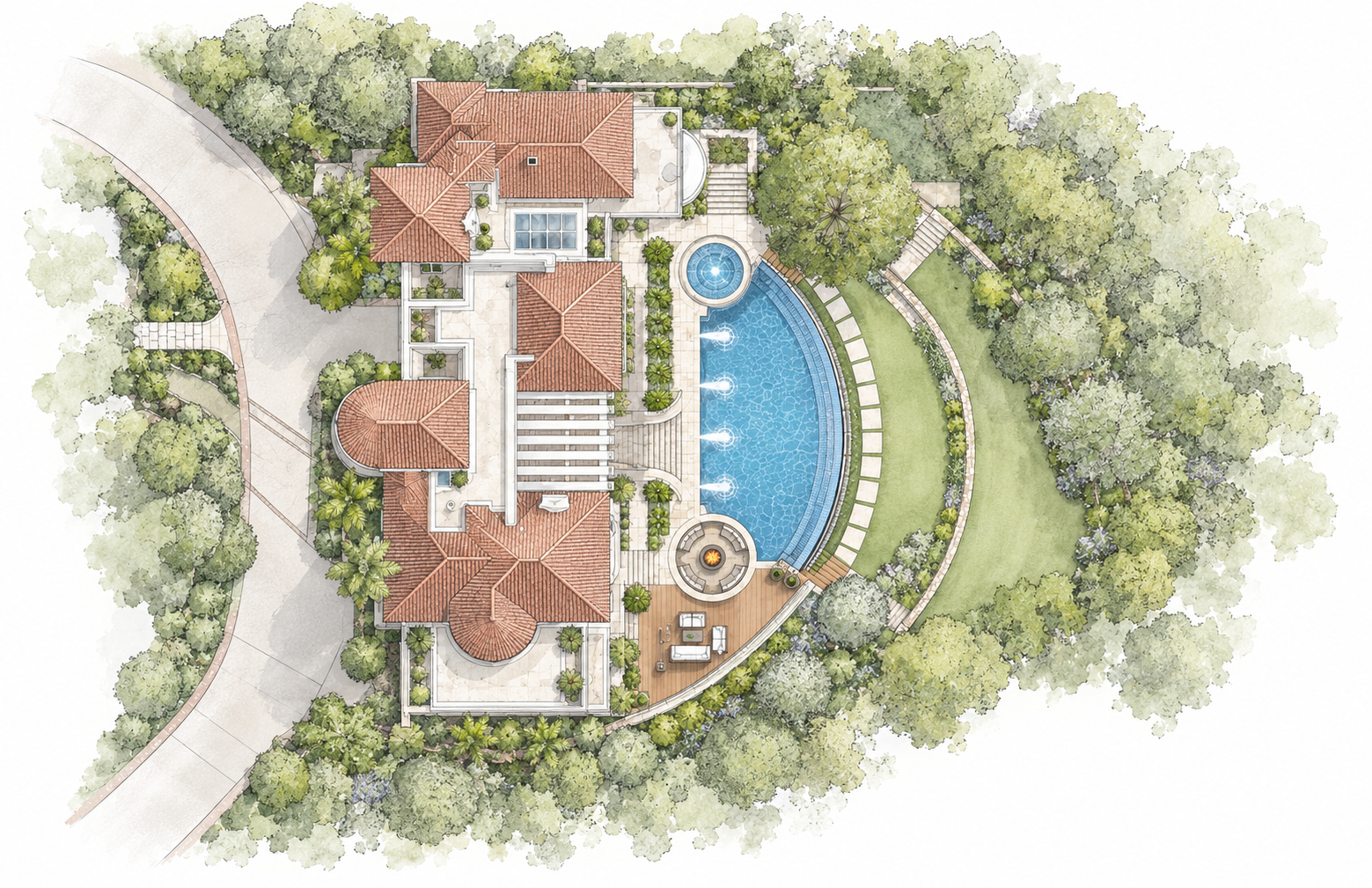 Interpretive saratoga landscape concept plan with fine linework and muted planting washes