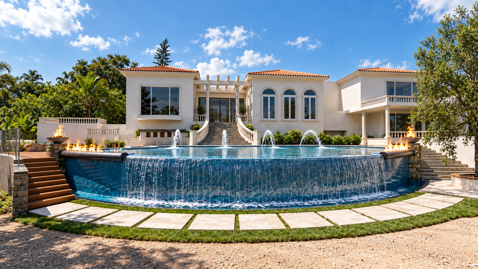 Saratoga infinity pool, fountains and fire features — design visualization