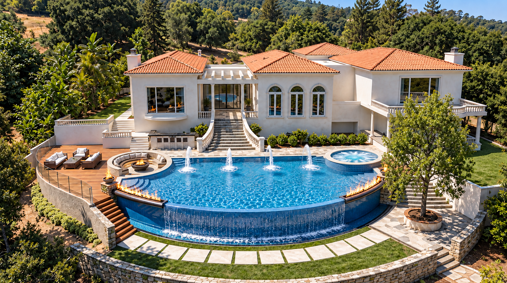 Daylight overview: residence, water plane, fire, and deck terrace