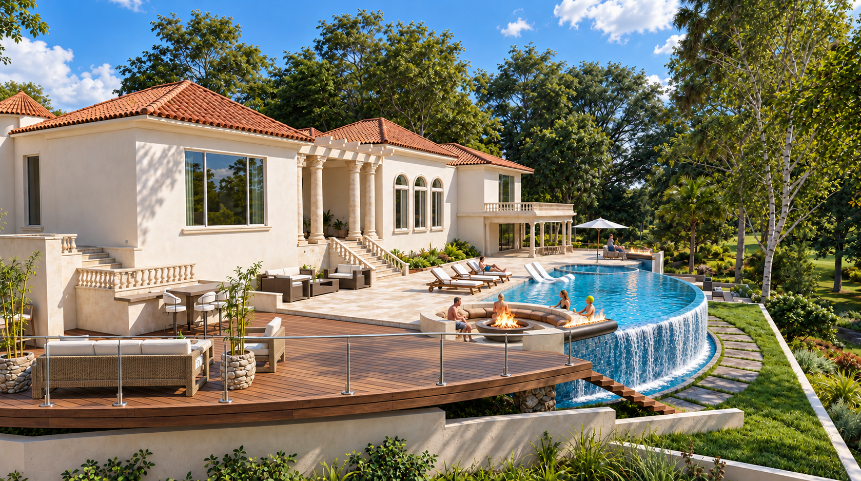 Pool, terrace, and landscape relationship